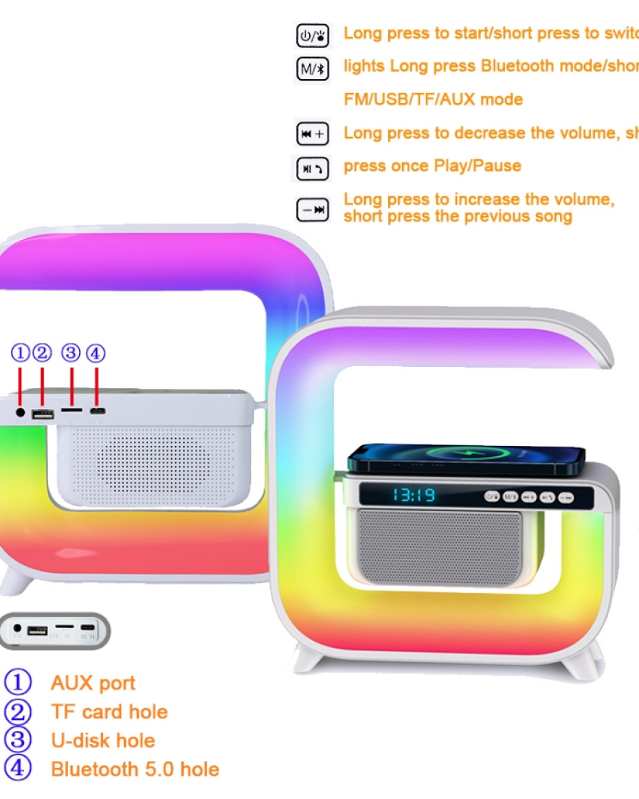 *MULTIFUNCTIONAL WIRELESS SMART CHARGER/BLUETOOTH SPEAKER/ALARM CLOCK & RGB LIGHT (MEDIUM SIZE).