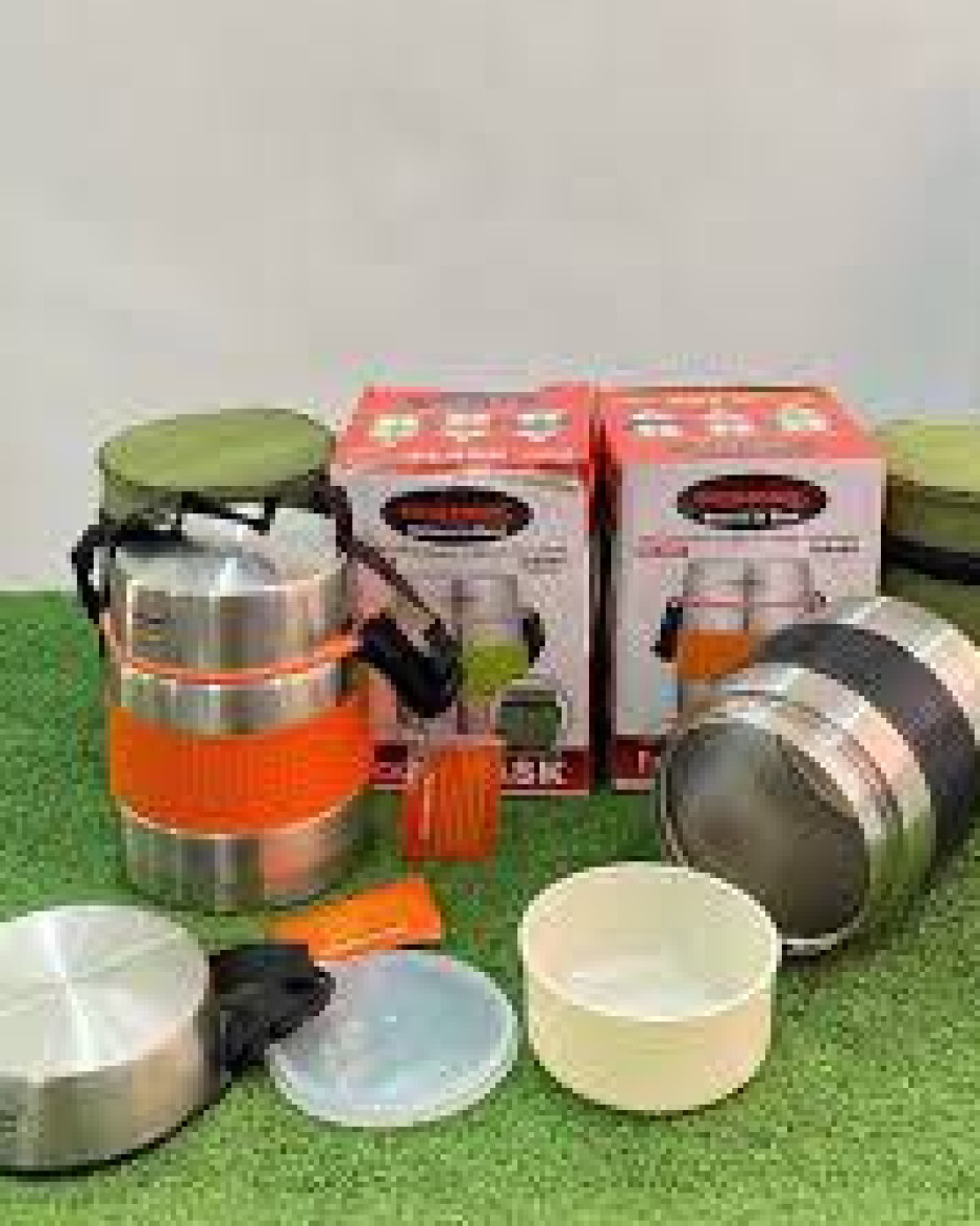 *1000ML QUALITY HOT & COLD ROUND SHAPE FOOD FLASK WITH INNER PLATE & A CARRIER BAG..