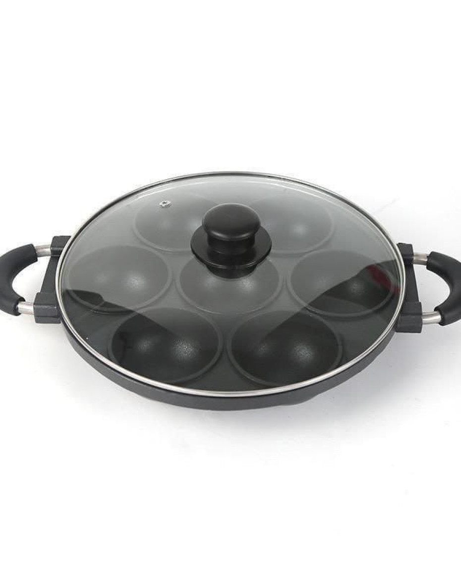 *7HOLES ROUND SHAPE NON STICK MASA PAN WITH GLASS LID/COVER