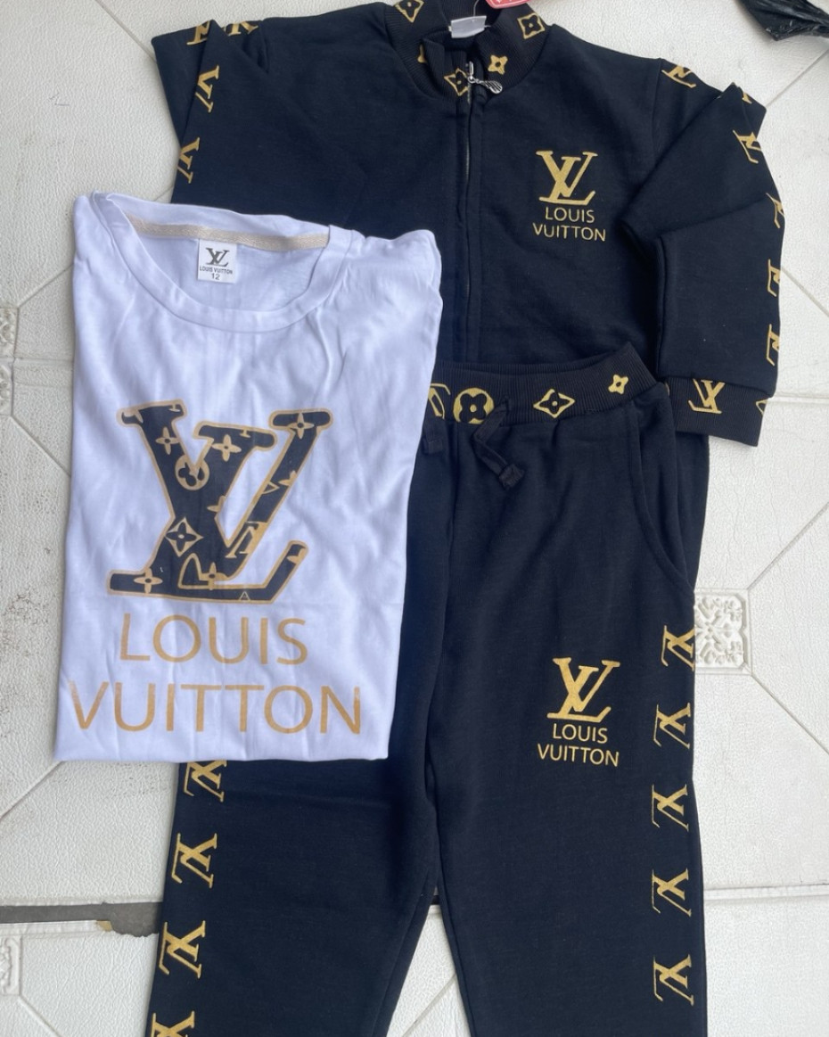 HIGH QUALITY UNIQUE LV DESIGNER 3 IN 1 SET TROUSER JACKET AND TOP.... BLACK