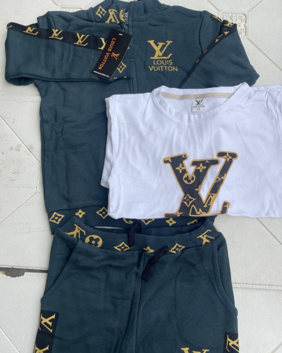 HIGH QUALITY UNIQUE LV DESIGNER 3 IN 1 SET TROUSER JACKET AND TOP.... GREEN