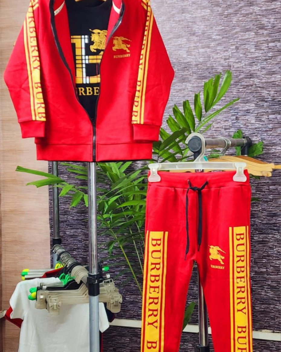 HIGH QUALITY UNIQUE BURBERRY 3 IN 1 SET TROUSER JACKET AND TOP.... RED