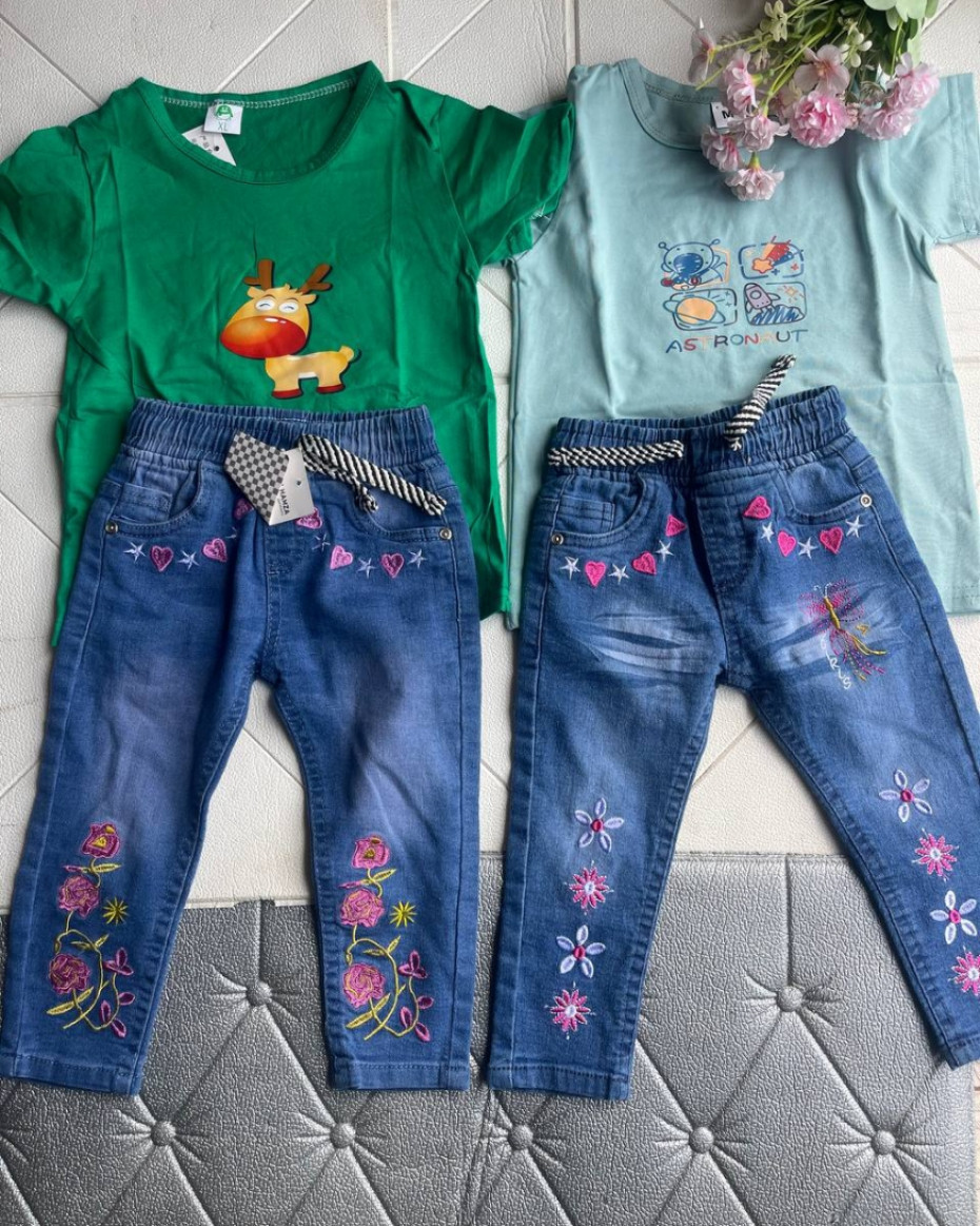 2PCS KIDS CASUAL WEARS FLOWERED JEANS WITH ROUND NECK POLO