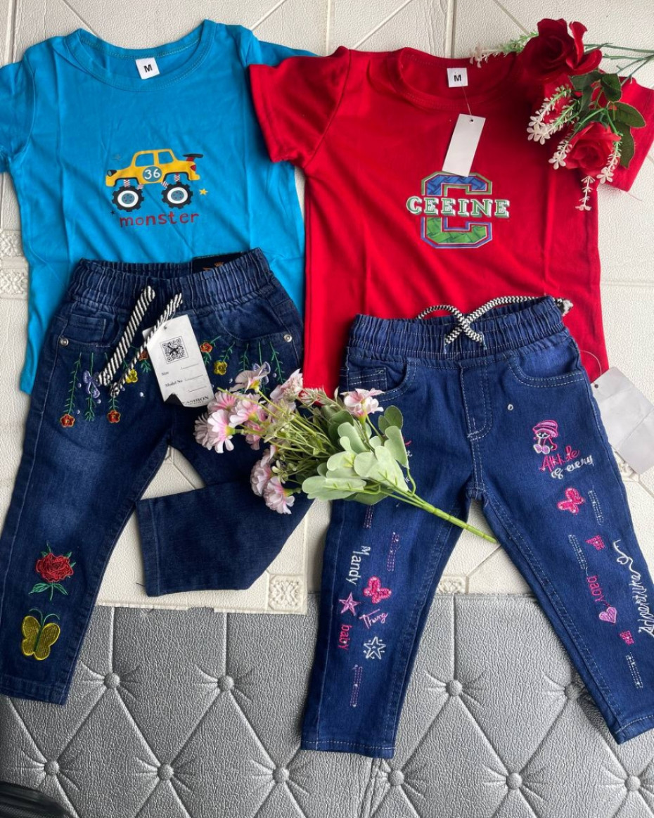 2PCS KIDS CASUAL WEARS FLOWERED JEANS WITH ROUND NECK POLO