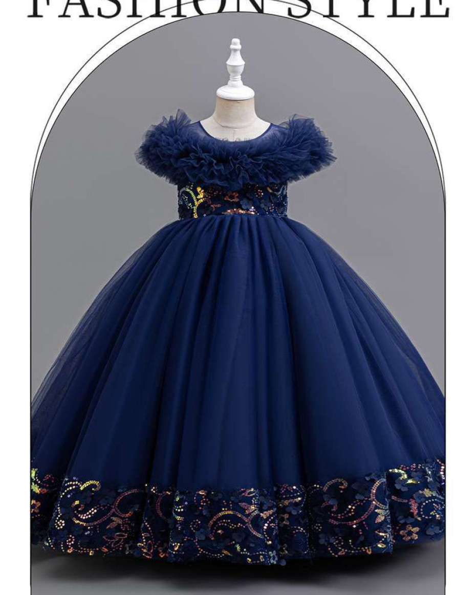HIGH QUALITY BERVERLY RUFFLE BALL GOWN WITH SEQUINS Navy BlueV