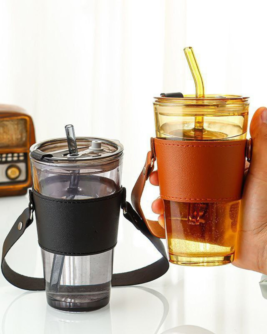*Durable Glass Sip Cup with Straw,Cover & Handle