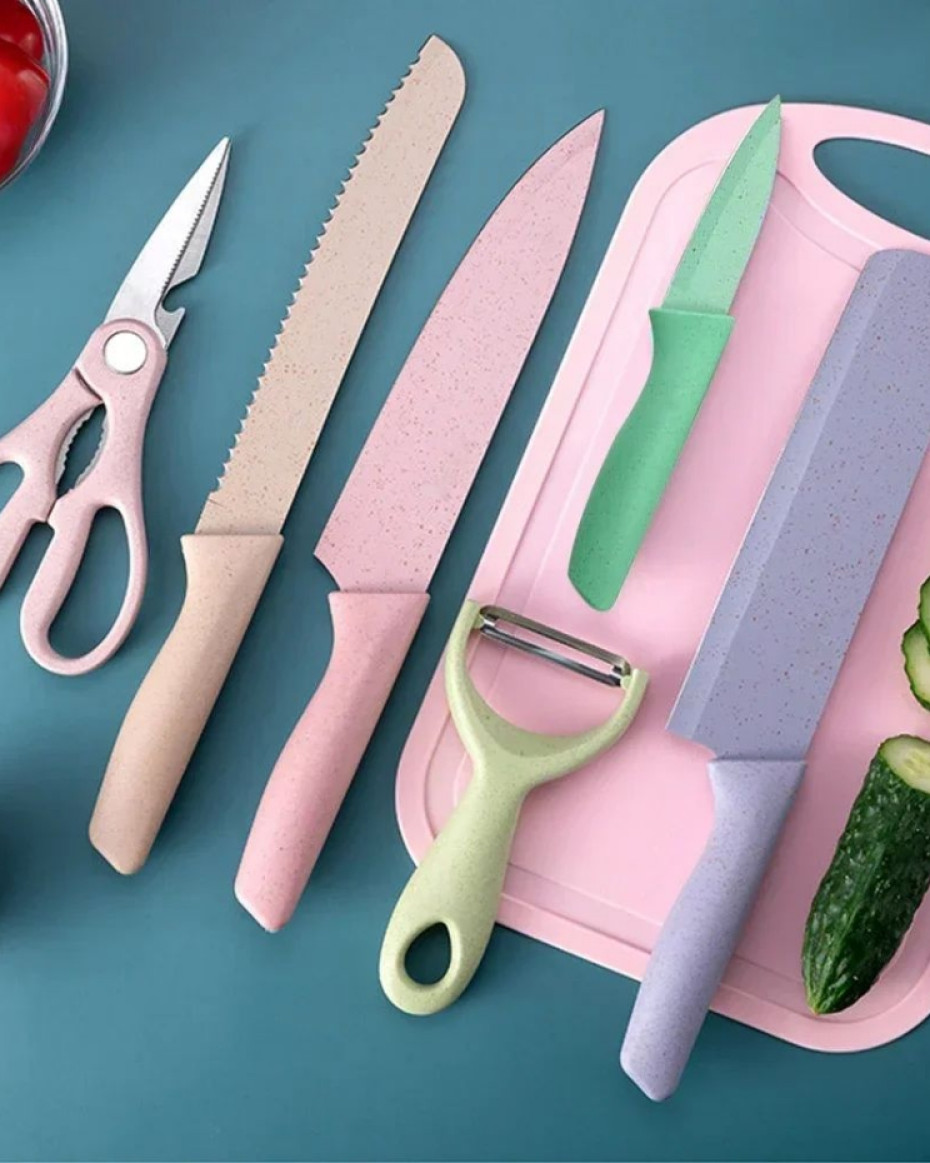 *COLOURFUL 6IN 1 STAINLESS STEEL CORRUGATED KNIFE SET.