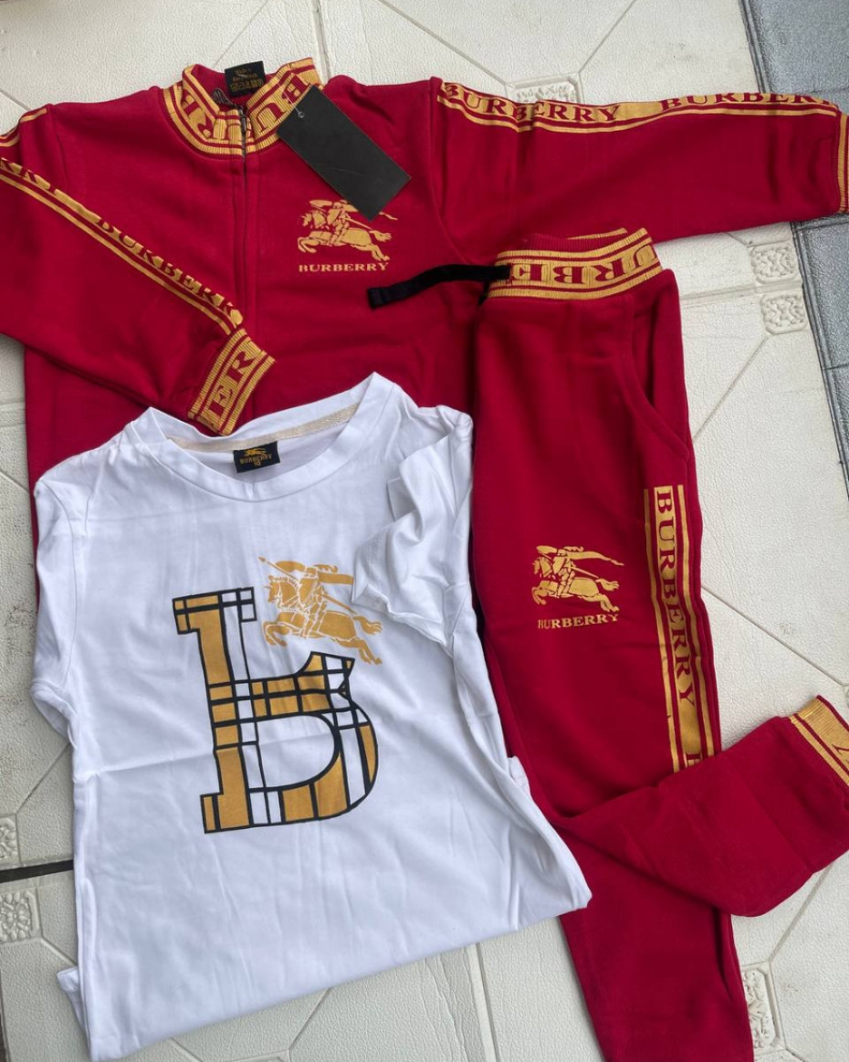 HIGH QUALITY UNIQUE BURBERRY 3 IN 1 SET TROUSER JACKET AND TOP.... RED