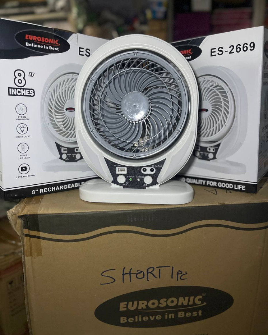 HIGH QUALITY 8 INCHES EUROSONIC RECHARGEABLE TABLE FAN With LED LIGHT CHARGER