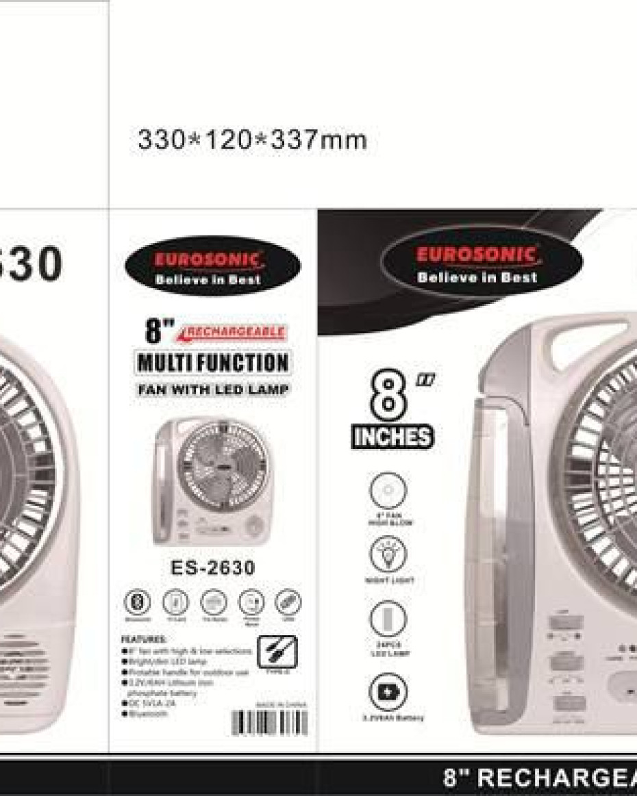 SUPER QUALITY MULTIFUNCTIONAL WIDE 8 INCHES EUROSONIC RECHARGEABLE TABLE FAN With LED LIGHT CHARGER.