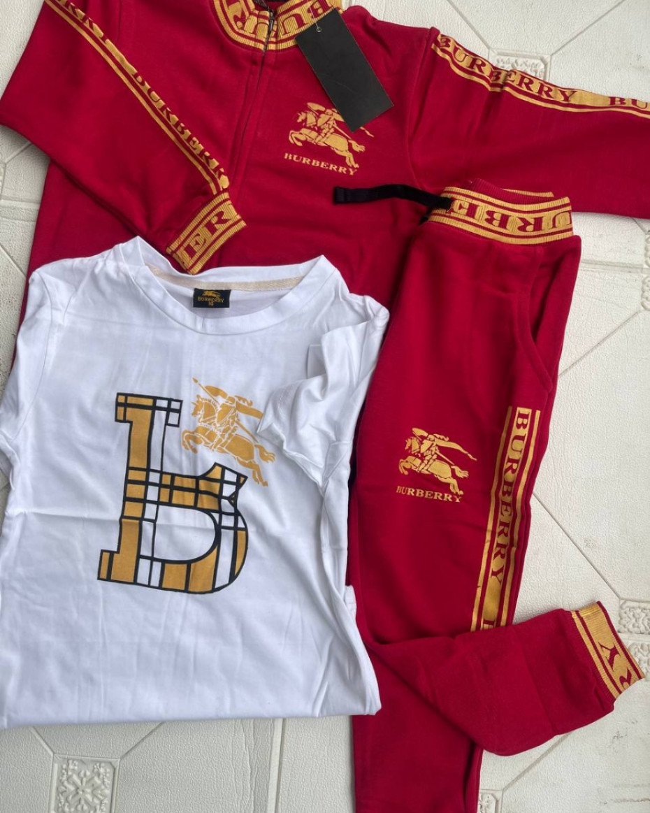 HIGH QUALITY UNIQUE BURBERRY 3 IN 1 SET TROUSER JACKET AND TOP.... RED