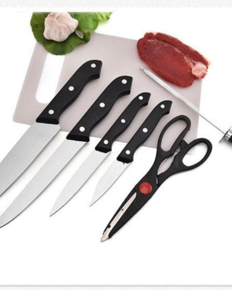 *Stainless Steel Kitchen 5-Pcs Knife Set with Wooden Chopping Board & Scissor Vegetable & Meat Cutting (Set of 5 + 1 Chopper Board)