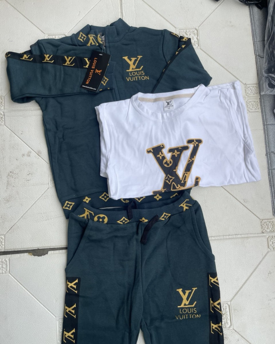 HIGH QUALITY UNIQUE LV DESIGNER 3 IN 1 SET TROUSER JACKET AND TOP.... GREEN