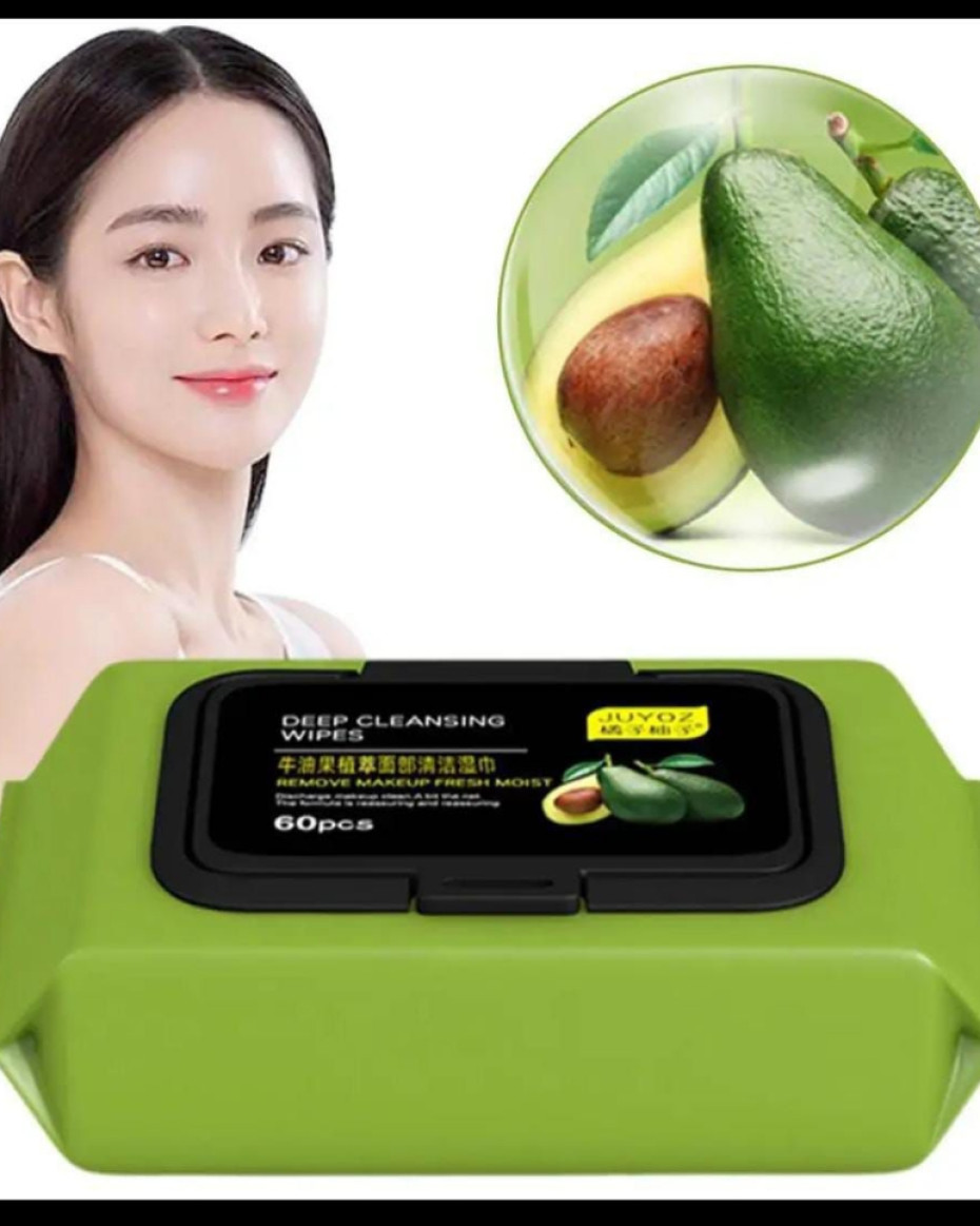 Avocado Deep Wipes 60pcs Avocado makeup remover wipes for deep cleansing of eyes, lips and faces tissue.