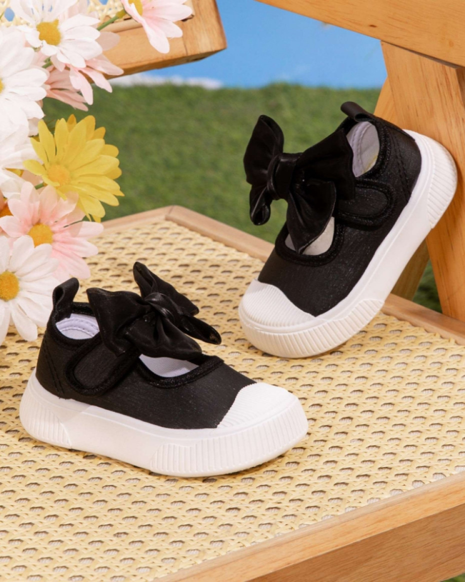 MARY JANE HIGH QUALITY GLITTERY COMFY GIRLS FULL COVER SHOE WITH KNOTTED BOW... Black