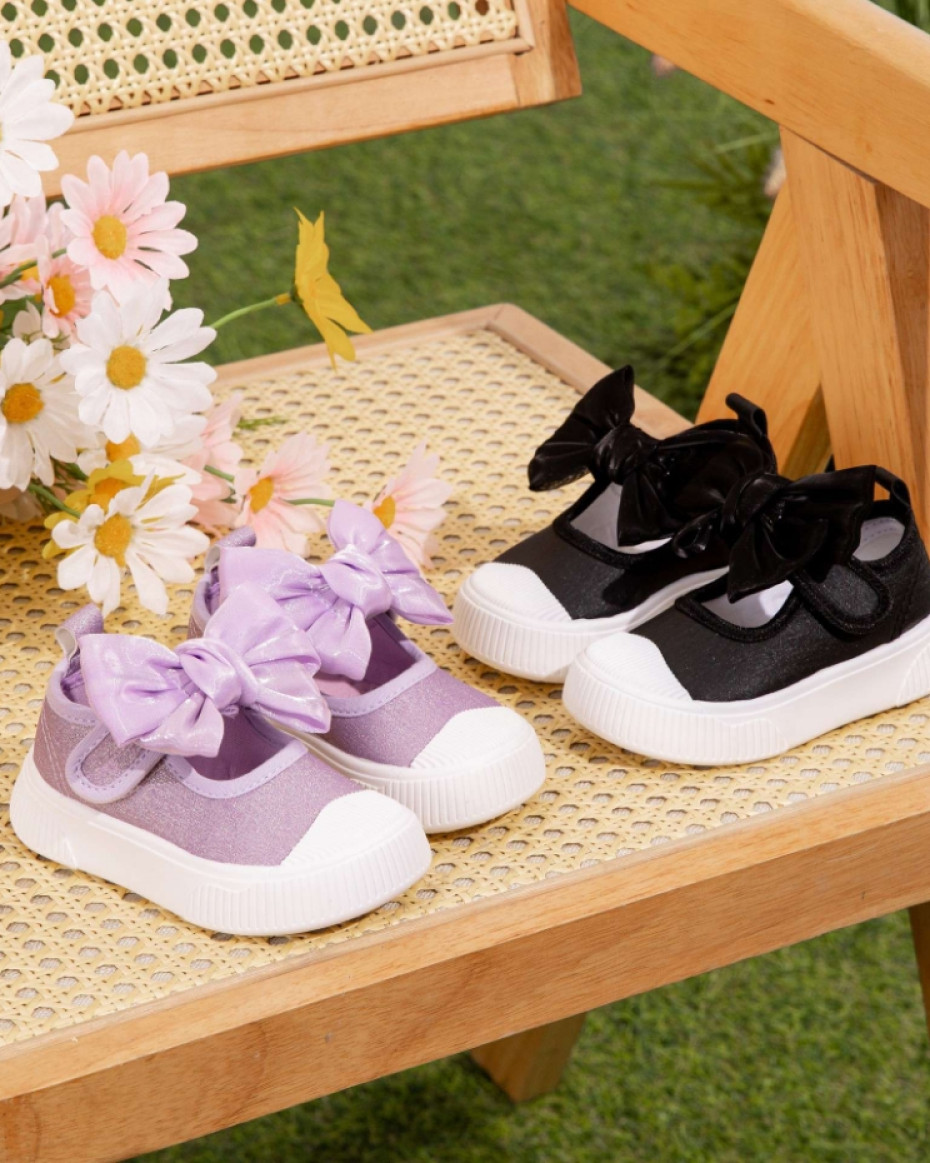 MARY JANE HIGH QUALITY GLITTERY COMFY GIRLS FULL COVER SHOE WITH KNOTTED BOW... Black