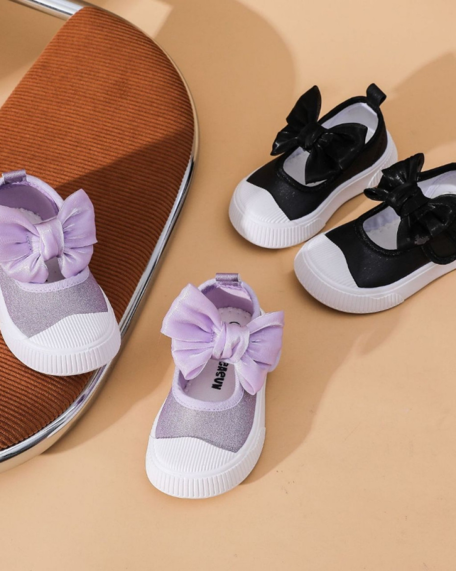 MARY JANE HIGH QUALITY GLITTERY COMFY GIRLS FULL COVER SHOE WITH KNOTTED BOW LILAC