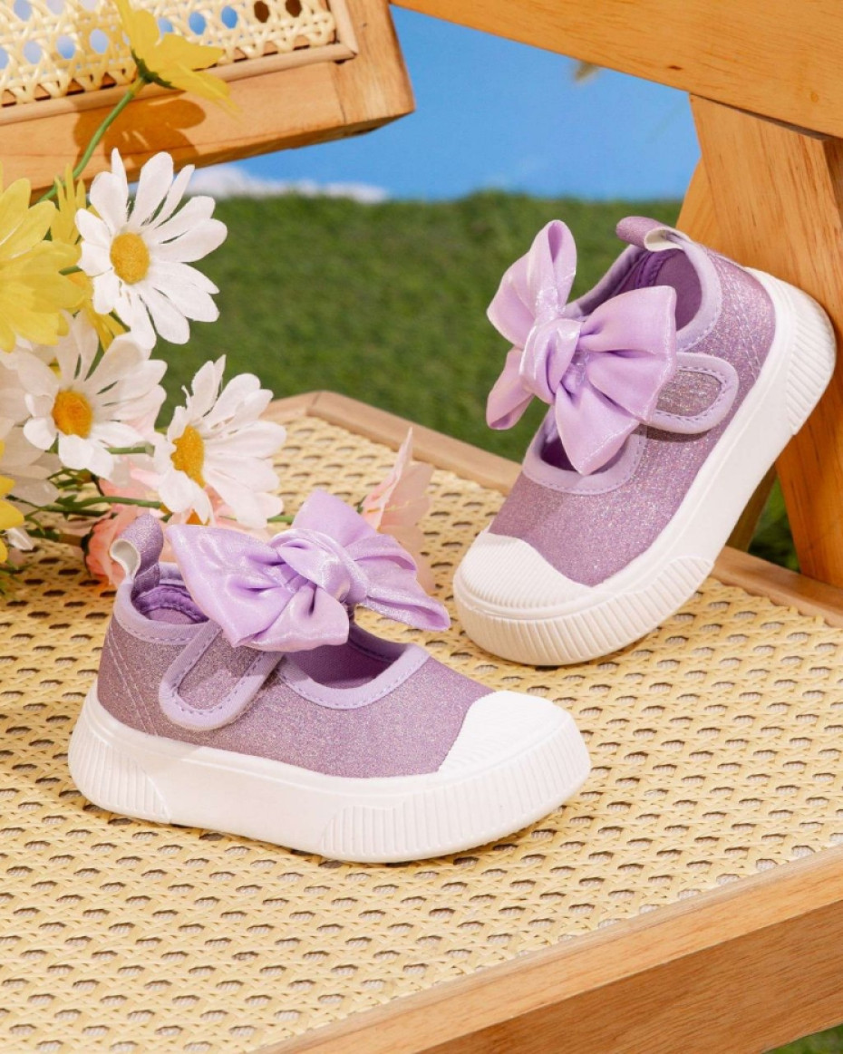 MARY JANE HIGH QUALITY GLITTERY COMFY GIRLS FULL COVER SHOE WITH KNOTTED BOW LILAC
