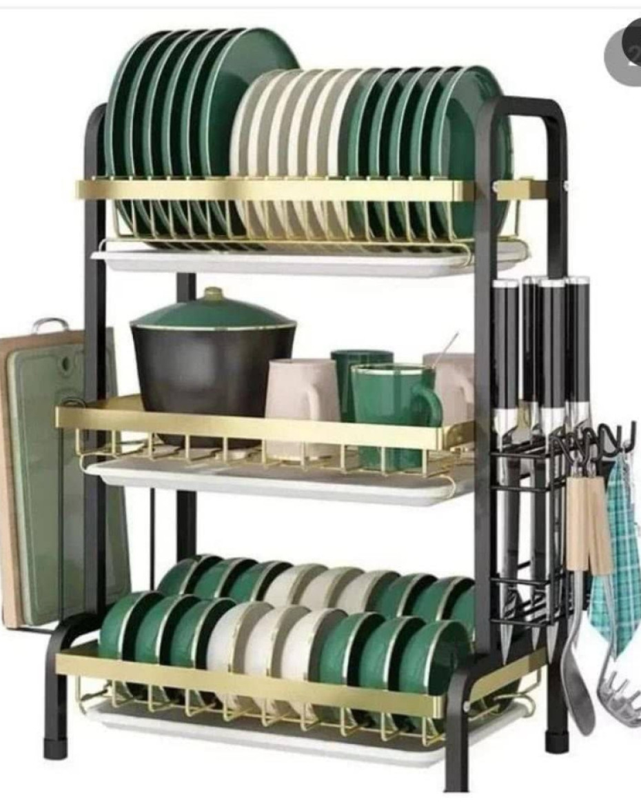 *HIGH QUALITY GOLD, GREEN & BLACK THREE TIERS DISH RACK/DRAINER...