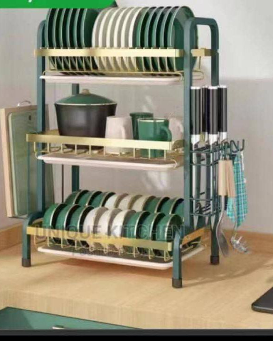 *HIGH QUALITY GOLD, GREEN & BLACK THREE TIERS DISH RACK/DRAINER...
